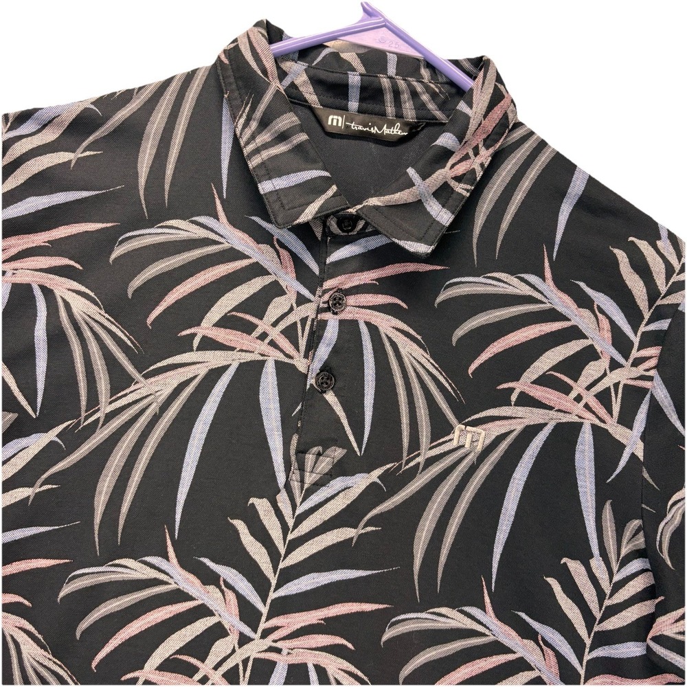 Travis Mathew Polo Shirt Mens Large Multicolor Floral Print Palm Leaves AOP Golf